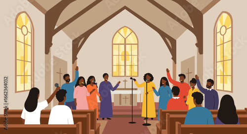 Joyful gospel singing event in a church collaborative worship uplifting community atmosphere engaging perspective. Vector illustration
