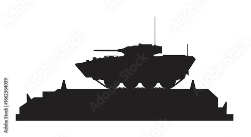 Military tank maneuvering on elevated platform urban environment digital illustration action scene. Vector illustration