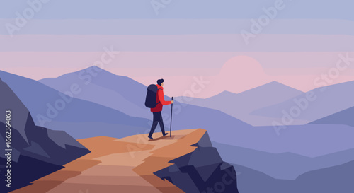 Hiking adventure in serene mountains digital illustration peaceful landscape panoramic view inspiring journey. Vector illustration