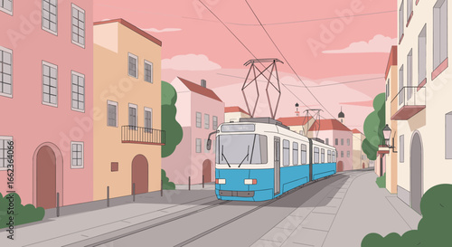 Tram journey through charming streets urban setting animated illustration vibrant atmosphere side view city exploration. Vector illustration
