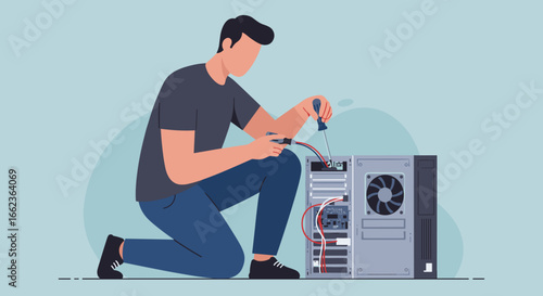 Computer repair techniques a man fixing a pc at home graphic illustration indoor environment close-up view. Vector illustration