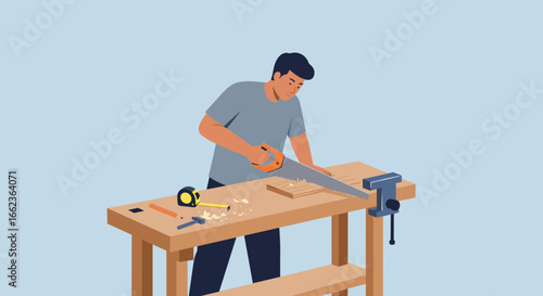 Crafting wood projects man using saw at workbench diy workshop indoor focused perspective skill development. Vector illustration