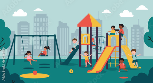 Kids playing on playground equipment in urban park illustrative scene vibrant environment aerial view fun and joy. Vector illustration
