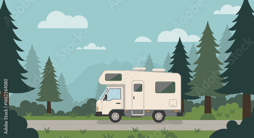 Travel adventure in a scenic landscape with a mobile home nature setting illustrative view outdoor journey. Vector illustration