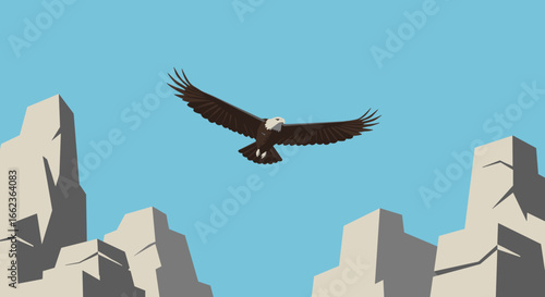 Eagle soaring over rocky mountains nature scene aerial view vibrant environment wildlife concept. Vector illustration