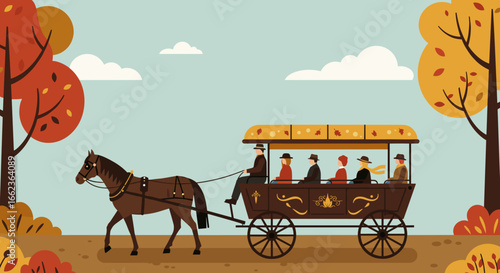 Horse-drawn carriage ride autumn park illustrative artwork colorful landscape scenic view vintage experience. Vector illustration