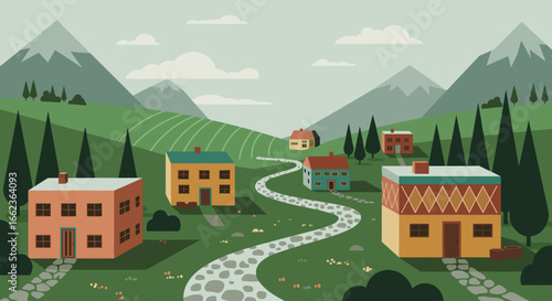 Charming village scene with colorful houses serene mountain landscape digital illustration peaceful environment aerial view tranquility. Vector illustration