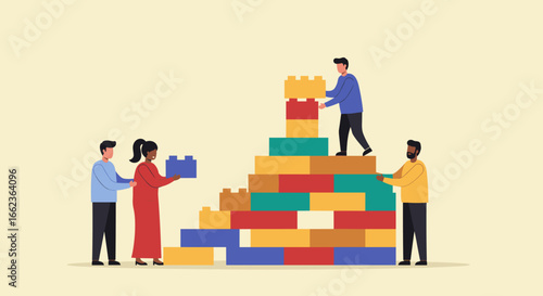 Collaborative team building activities office space digital illustration creative environment eye-level view teamwork concept. Vector illustration