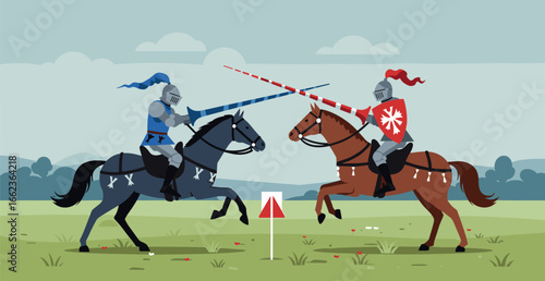 Jousting tournament action medieval field digital art animated landscape side view chivalric combat. Vector illustration