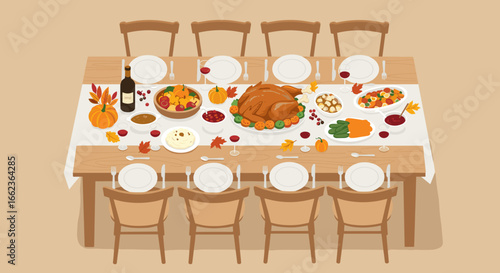 Thanksgiving dinner celebration family gathering food spread cozy home aerial view festivity and togetherness. Vector illustration