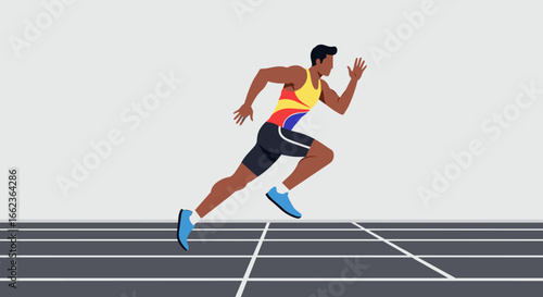 Dynamic runner sprinting on track sports arena digital art athletic environment side view motion and energy. Vector illustration