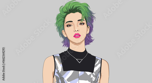 Creative portrait illustration of a modern individual with green hair digital art studio setting close-up view youthful vibe. Vector illustration