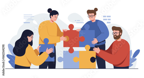 Team collaboration puzzle solving office digital illustration creative workspace group activity problem-solving skills. Vector illustration