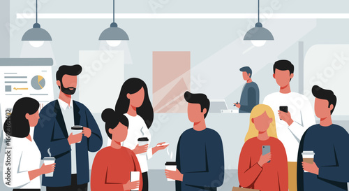 Networking event with coffee lovers in a modern office space casual atmosphere engaging conversations. Vector illustration