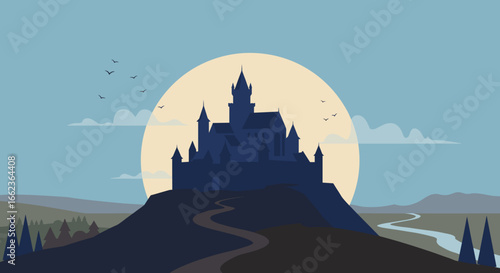Majestic castle at sunset overlooking a serene river fantasy landscape illustration. Vector illustration