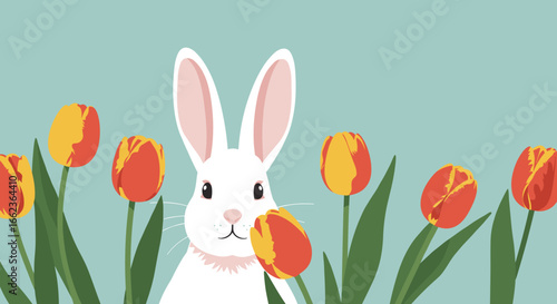 Cute white rabbit surrounded by colorful tulips spring garden digital art calm setting front view nature's beauty. Vector illustration