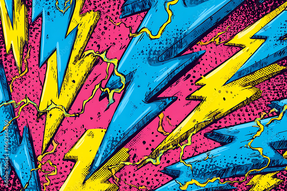 Fototapeta premium Vibrant comic-style illustration featuring dynamic lightning bolts on a colorful background