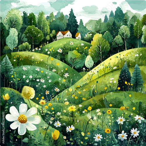 Cartoon Spring Blooming Forest, watercolor clipart vector, isolated on a white background.