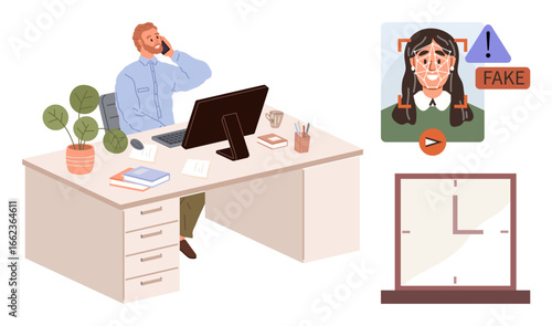 Professional at desk, computer showing deepfake content alert, and wall clock in background. Ideal for technology, cybersecurity, media ethics, AI risks, remote work, time management digital tools