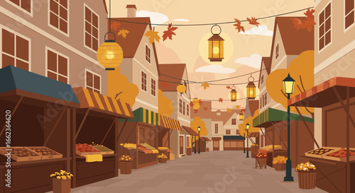 Autumn market scene quaint village digital illustration cozy environment aerial view seasonal festival. Vector illustration