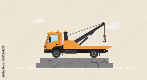 Construction vehicle action urban setting illustration industrial environment side view heavy machinery concept. Vector illustration