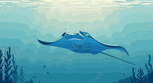 Manta ray swimming gracefully coral reef animated illustration underwater side view marine life concept. Vector illustration