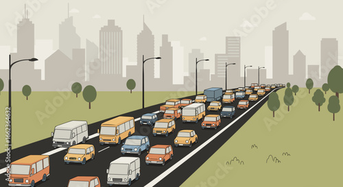 Traffic jam causing delays on urban highway cityscape background digital illustration daytime viewpoint transportation concept. Vector illustration
