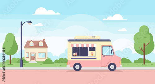 Ice cream truck driving through a suburban neighborhood on a sunny day digital illustration colorful and inviting. Vector illustration