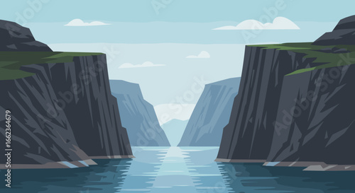 Exploring majestic fjords scenic landscape digital art calm waters aerial view nature's serenity. Vector illustration