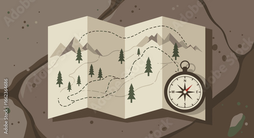 Exploring nature trails with a map and compass outdoor adventure scenic landscape close-up view adventure planning. Vector illustration