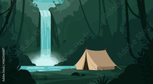 Camping adventure by a waterfall in the lush jungle illustration serene environment nature concept. Vector illustration