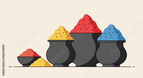 Colorful spice selection market stall food display vibrant environment close-up view culinary inspiration. Vector illustration