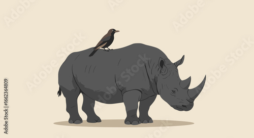 Rhino and bird interaction wildlife scene digital illustration neutral background side view nature conservation concept. Vector illustration