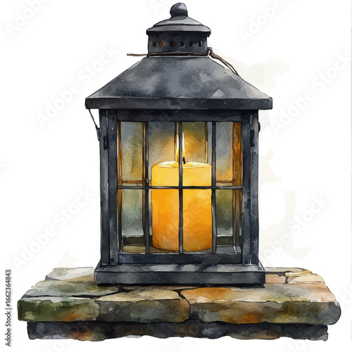 watercolor vector of Candle In Lantern, isolated on a white background.