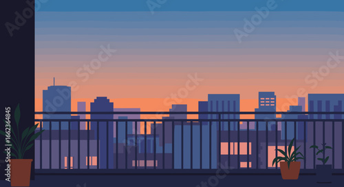 Evening sunset over urban balcony city landscape digital art peaceful environment wide view tranquility concept. Vector illustration