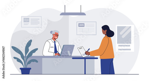 Voting process interaction at a polling station civic engagement digital illustration indoor office eye-level view government participation. Vector illustration