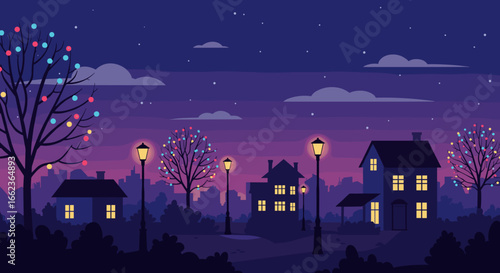 Nighttime holiday lights display suburban area digital illustration calm environment wide view festive atmosphere. Vector illustration
