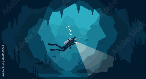 Exploring underwater caves with scuba diving gear ocean depths digital art tranquil environment side view adventure theme. Vector illustration