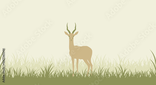 Graceful deer stands in lush grassland nature scene tranquil environment serene viewpoint. Vector illustration