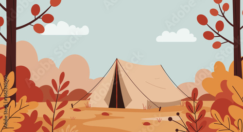 Camping adventure in autumn forest tent setup nature scene tranquil environment wide view outdoor experience. Vector illustration