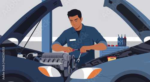 Car maintenance action auto repair shop illustrated content indoor environment close-up view automotive concept. Vector illustration