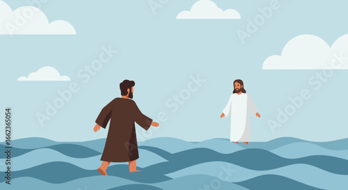 Miraculous water walk sea of galilee digital art serene environment divine encounter concept. Vector illustration