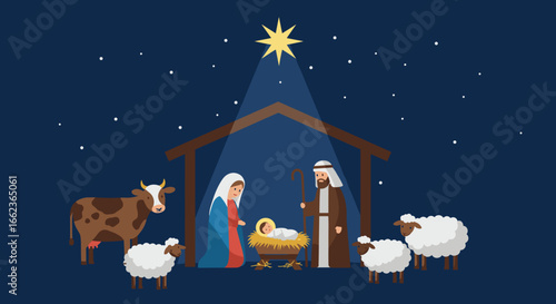 Nativity scene with Mary, Joseph and baby Jesus stable illustration night sky joyful Christmas theme. Vector illustration