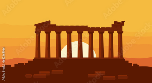 Sunset over parthenon ancient greece digital illustration serene landscape aerial view historical significance. Vector illustration
