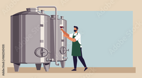 Wine production process vineyard illustration industrial setting close-up view fermentation techniques. Vector illustration