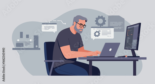 Coding session home office digital illustration modern workspace side view remote work concept. Vector illustration
