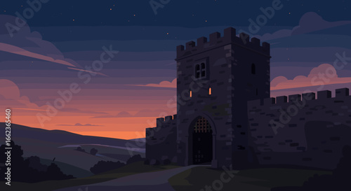 Sunset over ancient castle tower hillside landscape digital art tranquil evening aerial view historical concept. Vector illustration
