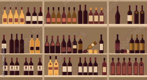 Exploring wine varieties and labels wine cellar graphic design indoor close-up beverage culture. Vector illustration