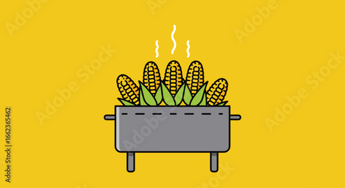 Cooking fresh corn on the cob street food festival graphic illustration vibrant yellow background top view culinary concept. Vector illustration