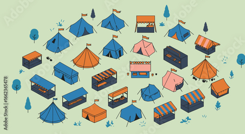 Vibrant tent setups for outdoor events festival grounds illustration colorful design aerial view community engagement. Vector illustration